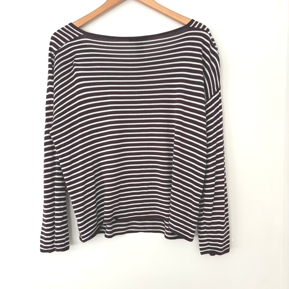 Eileen Fisher Brown White Striped Top Boat Neck Long Sleeve Knit Size Medium - Picture 3 of 8